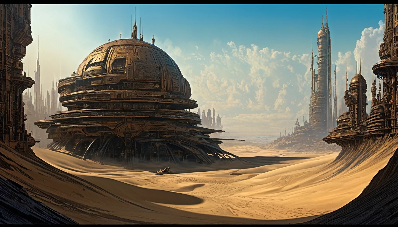 il y a une peinture d&#39;une ville futuriste avec une tête de robot géante, la dune de Jodorowsky, peinture mate incroyablement détaillée, Peter Gric et Dan Mumford, peinture mate complexe, la dune de Jodorowsky movie, style de John Harris, jean giraud 8k, peinture mate hyperdétaillée, environnements complexes, superbe concept art de science-fiction, société cg )  