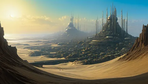 there is a painting of a futuristic city with a giant robot head, jodorowsky's dune, insanely detailed matte painting, peter gri...