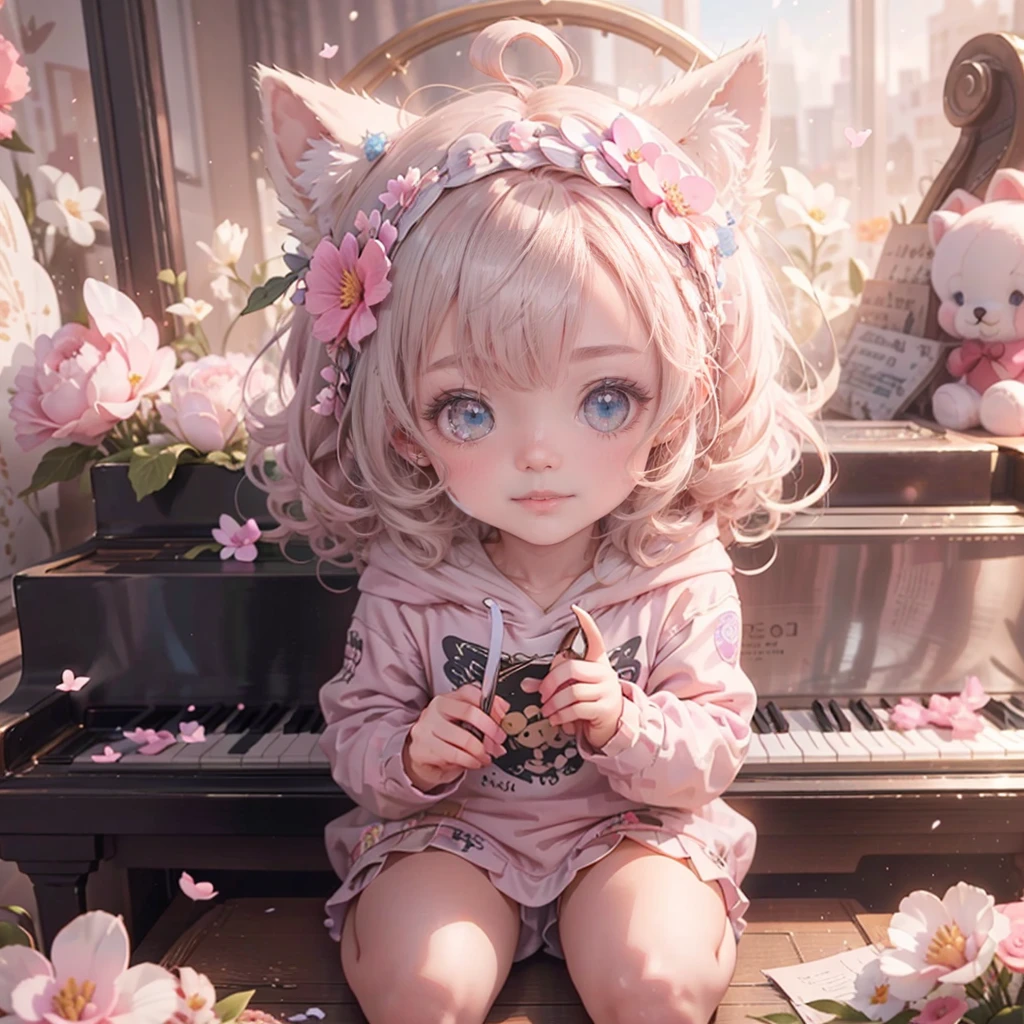 Cute Baby 3D，baby pink hair，Cute eyes，Adorable smile，Esbian all over、pureな、lolita hoodie fashion，pure，Grand piano，Playing Pause，Rosy Cheeks，Flowers sparkle，blue sky，Campanella，Fantasy World，Depth of written boundary_shallow