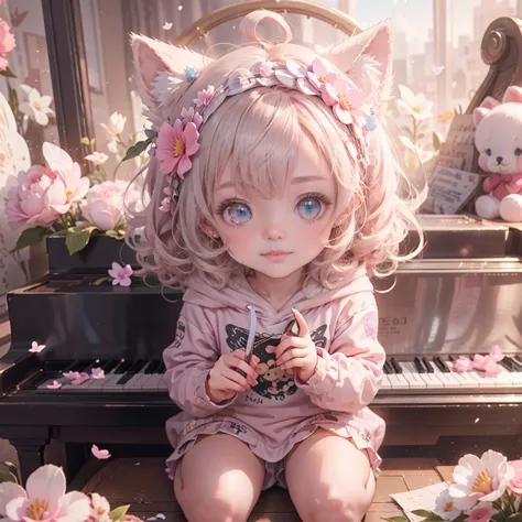 Cute Baby 3D，baby pink hair，Cute eyes，Adorable smile，Esbian all over、pureな、lolita hoodie fashion，pure，Grand piano，Playing Pause，...