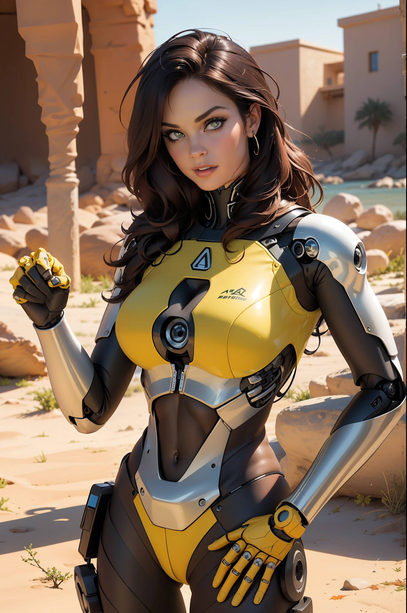 high qualiy, 4K, work of art, comely, Alison Tyler como uma cyborg Kizi, cowboy shot, dull eyes, 正面, gazing at viewer, long blonde hair, Kizi, breasts small, fit thighs, robotic arms, robotic body, cyborg body, yellow & white uniform, orange accent, intricate-detail, articulation, detailed lines, robotic detail, holding your fist up, holding hand as fist, colorful robotic parts, robotic parts with color, perfect toes, on a desert planet, sunny background, colorful desert, a river or lake in the background, fine thighs, skinny thighs,