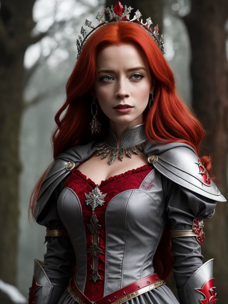 (solo), (best quality:1.4), a close up of a woman with red hair wearing a crown, beautiful vampire female queen, the red queen, by Elena Guro, redhead queen in [heavy red armor], diablo 4 queen, portrait of emily blunt as queen, wearing crown, in style of anne stokes, by Nikita Veprikov, queen of the forest, red haired goddess, as a medieval fantasy character, (:dress of grey graphite color:1.3)