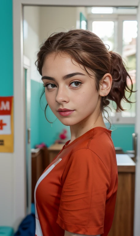 Photo d&#39;une jeune Américaine de 15 ans, .BRUT, belle femme, (Longs cheveux bruns avec queue de cheval.), coiffure queue de cheval cheveux châtain clair((portrait)), ((Visage détaillé:1.2)), ((Caractéristiques détaillées du visage)), (peau finement détaillée), peau pâle , yeux bleus , petit nez , 、un sexy(couleur froide), Mouillé, Mouillé, Pièce ReFlectore) (proportions parfaites photos réalistes)(La meilleure qualité) (détaillé) photographié avec un Canon EOS R5, objectif 50 mm, F/2.8, nffsw, (8k) (Papier peint) (éclairage cinématographique) (éclairage dramatique) (netteté) (Convoluté) gros seins , gros seins , taches de rousseur sur les joues et le nez , corps entier , beau corps d&#39;adolescent , posant sexy devant la caméra , posant de face pour la caméra ,joli maquillage , grand sourire  , stade de sport ,  tenue de sport , Tenue de sport