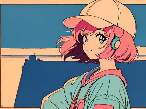 master piece, City Pop style, Pink Hair, fluffy bob cut, wearing headphones, shoulder length, alone, Futuristic, yet, lofi, retr...