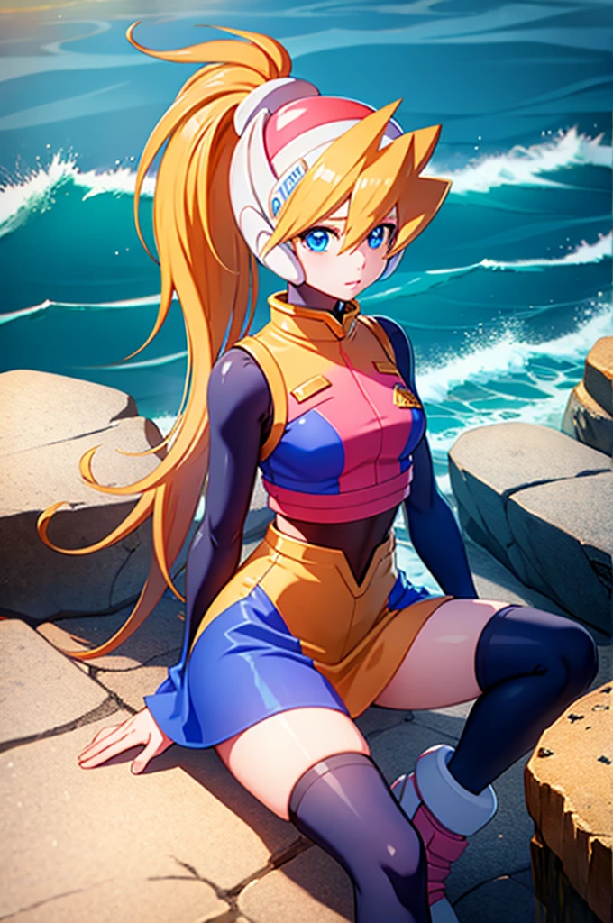 ciel_megamanz, 1girl, solo, long hair, blue eyes, blonde hair, ponytail, headgear, masterpiece, high quality, overlooking the ocean on the edge of a rock, in the style of avian-themed, realistic yet stylized, villagecore, azure, orange and azure, dragoncore, aerial view