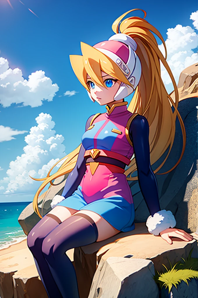 ciel_megamanz, 1girl, solo, long hair, blue eyes, blonde hair, ponytail, headgear, masterpiece, high quality, overlooking the ocean on the edge of a rock, in the style of avian-themed, realistic yet stylized, villagecore, azure, orange and azure, dragoncore, aerial view