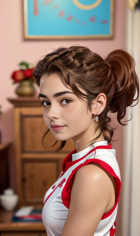 Photo of a 14 year-old american girl, .RAW, beautiful teenage girl, (Long brown hair with ponytail), light brown hair ponytail hairstyle((retrato)), ((Cara detallada:1.2)), ((Detailed facial features)), (Piel finamente detallada)  , (Masutepiece) (proporciones perfectaotos realistas)(La mejor calidad) (Detallado) fotografiado con una EOS R5 de Canon, Lente de 50 mm, f/2.8, NffSW, (8k) (papel tapiz) (cinematic lighting) (Dramatic lighting) (sharp focus) (Enrevesado) senos medianos , pechos medianos , muchas pecas en mejillas y nariz , pecas en pecho, cuerpo completo , hermoso cuerpo de muje adolesente,  lindo maquillaje , gran sonrisa  , mujer delgada escultural , ropa de base ball , uniforme de base ball , foto de cuerpo completo