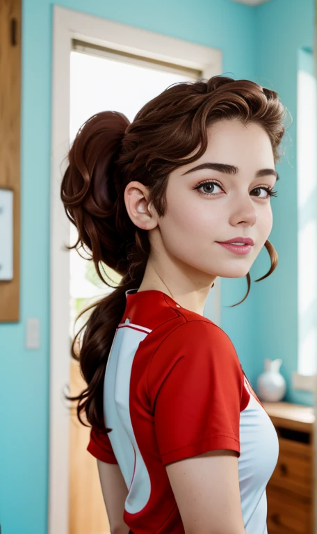 Photo of a 14 year-old american girl, .RAW, beautiful teenage girl, (Long brown hair with ponytail), light brown hair ponytail hairstyle((portrait)), ((detailed face:1.2)), ((detailed facial features)), (finely detailed skin)  , (Tabletop) (perfect proportions realistic photos)(The best quality) (detailed) photographed with a Canon EOS R5, 50mm lens, f/2.8, NffSW, (8k) (wallpaper) (cinematic lighting) (Dramatic lighting) (Sharp focus) (Convoluted) medium breasts , medium breasts , many freckles on cheeks and nose , freckles on chest, Whole body , beautiful body of a teenage woman,  cute makeup , big smile  , statuesque thin woman , base ball clothing , base ball uniform , foto de Whole body