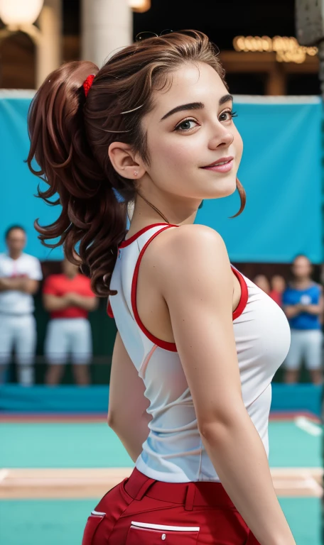 Photo of a 14 year-old american girl, .RAW, beautiful teenage girl, (Long brown hair with ponytail), light brown hair ponytail hairstyle((portrait)), ((detailed face:1.2)), ((detailed facial features)), (finely detailed skin)  , (Tabletop) (perfect proportions realistic photos)(The best quality) (detailed) photographed with a Canon EOS R5, 50mm lens, f/2.8, NffSW, (8k) (wallpaper) (cinematic lighting) (Dramatic lighting) (Sharp focus) (Convoluted) medium breasts , medium breasts , many freckles on cheeks and nose , freckles on chest, Whole body , beautiful body of a teenage woman,  cute makeup , big smile  , statuesque thin woman , base ball clothing , base ball uniform , foto de Whole body