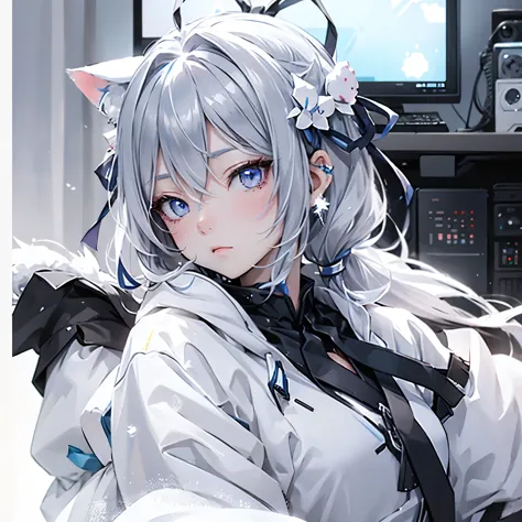 ice、snow、iceのエフェクト、computer、Cat ears with ribbon、Silver Hair、Cool face