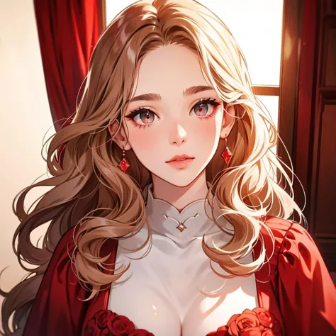 [White skin woman:1.2, Long Curly Hair:1.2, Elegant red dress, Low nose, Light brown eyes], Portraiture, VSCO Filters: C8)