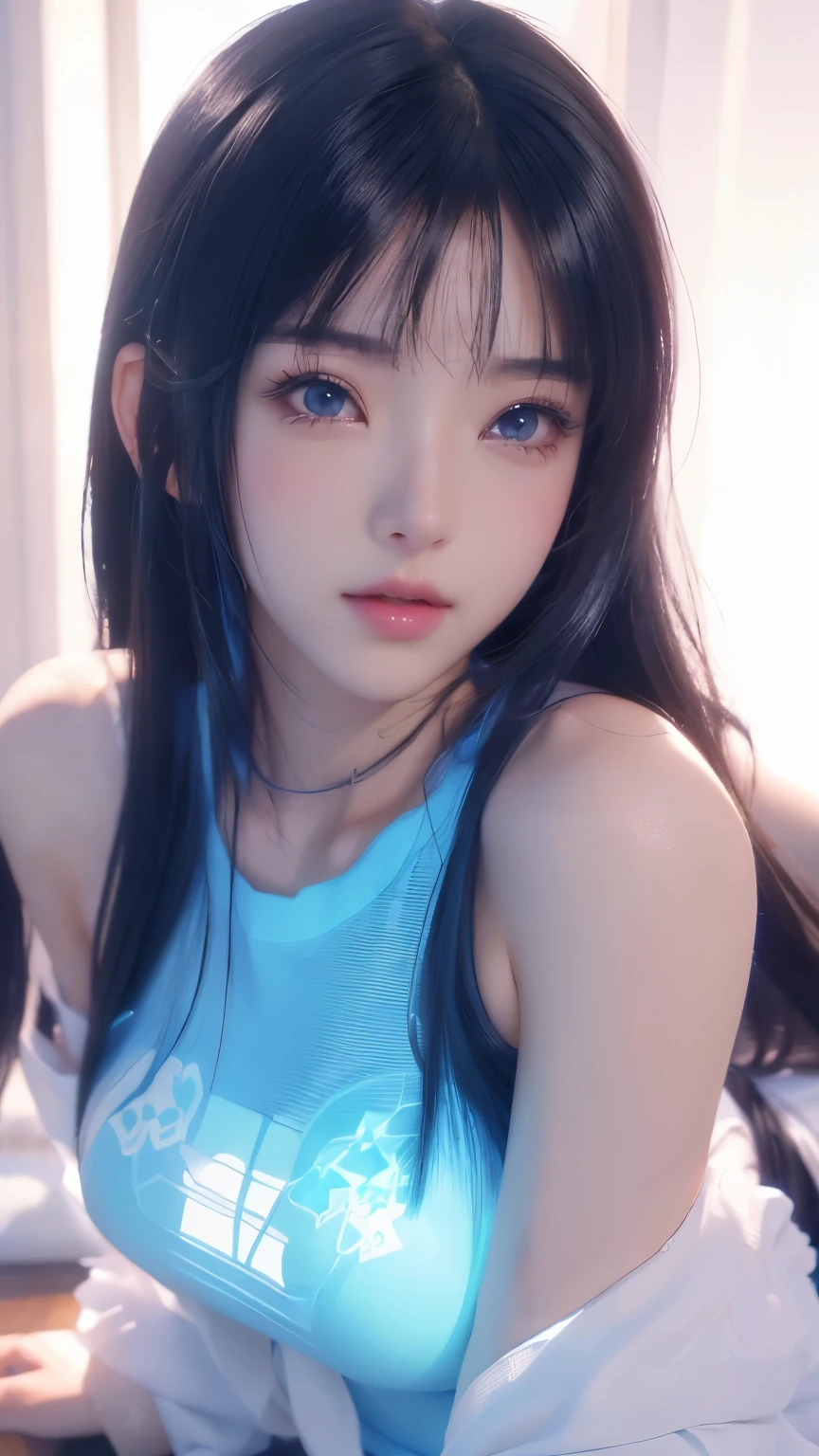 Femme asiatique Alafide portant un haut transparent bleu ciel posant devant la caméra, Charmante fille d&#39;anime, animé réaliste girl render, animé réaliste 3D 风格, animé réaliste, Portrait sexy de Tifa Lockhart, L&#39;animation 3D est réaliste, jeune fille anime réaliste, art cg anime lisse, Charmante fille d&#39;anime, Dessin animé surréaliste, Belle charmante femme anime, belle fille animée