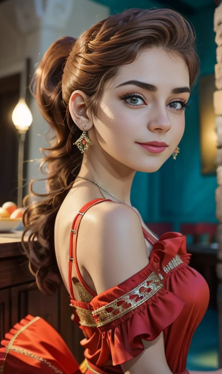 Photo of a 14 year-old american girl, .RAW, beautiful teenage girl, (Long brown hair with ponytail), light brown hair ponytail hairstyle((portrait)), ((detailed face:1.2)), ((detailed facial features)), (finely detailed skin)  , (Tabletop) (perfect proportions realistic photos)(The best quality) (detailed) photographed with a Canon EOS R5, 50mm lens, f/2.8, NffSW, (8k) (wallpaper) (cinematic lighting) (Dramatic lighting) (Sharp focus) (Convoluted) medium breasts , medium breasts , many freckles on cheeks and nose , freckles on chest, Whole body , beautiful body of a teenage woman,  cute makeup , big smile  , statuesque thin woman , ELEGANT DRESS , night dress , foto de Whole body