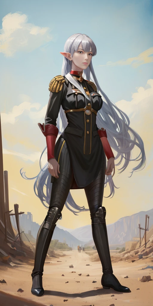 (Selvaria Bles (Valkyria Chronicles) LoRA) Female, standing, straight, 1girl, elf, green wavy hair, medium breasts, suspended by arms, head down, POV, from the side (dirty, bruise:1.2) cave floor, tied up, rope, (Masterpiece), full body of a female, big breast, detailed face, full portrait, standing straight, shackles on arms and legs, black choker on neck, SFW, WHITE TOGA, golden chains hands, golden chains legs, lascivious face, embarrassed, red cheeks, braid black hair, full body, view from below, far shot, cow boy shot, looking at viewer, handcuffs on their hands, with a collar around the neck, slave, ((black choker, shackles on legs and arms)) ((hands hiding behind body))