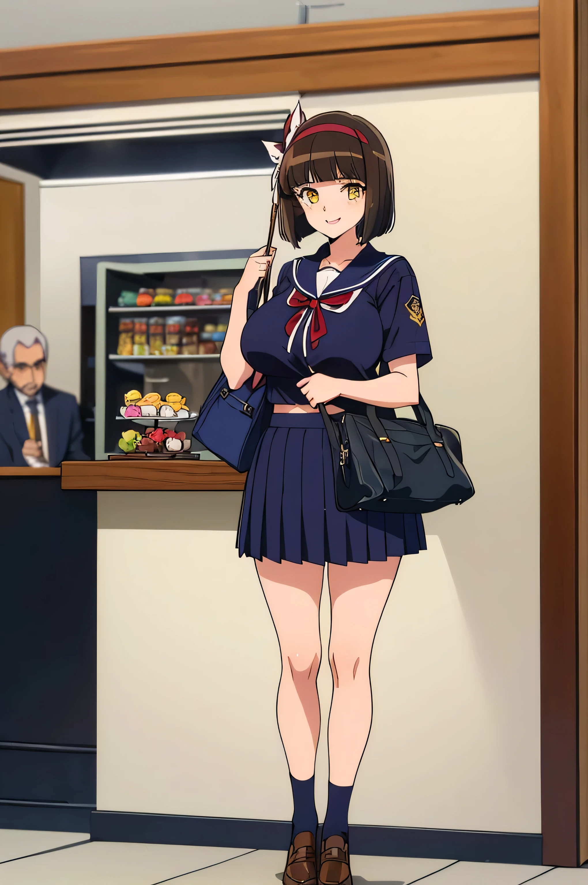 (Masterpiece Anime, One, Retro art style, Clean brush strokes, Very detailed, Perfect Anatomy, Browsing Caution), City Background, In front of the sweets shop, (Full Body Shot), (mio), １Girl, Eyebrows visible through hair, bangs, Brown Hair, Spider web print, hair ornaments, sash, band, Hair Ribbon, compensate, Yellow Eyes, (Sansakumaru:1.4), (Beautiful and detailed:1.5), Open your mouth a little, Confident々Smile, High Body, (Large Breasts:1.5), (Idol Pose), (Over the , Navy blue), (School uniform mini skirt, Navy blue), Leather student bag,