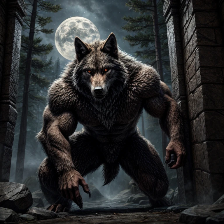 Make the most realistic werewolf monster with eyes of a common wolf that are blue without glowing, com musculos enormes dentro de uma igreja se pendurando em uma barra olhando para o espectador, totally now 