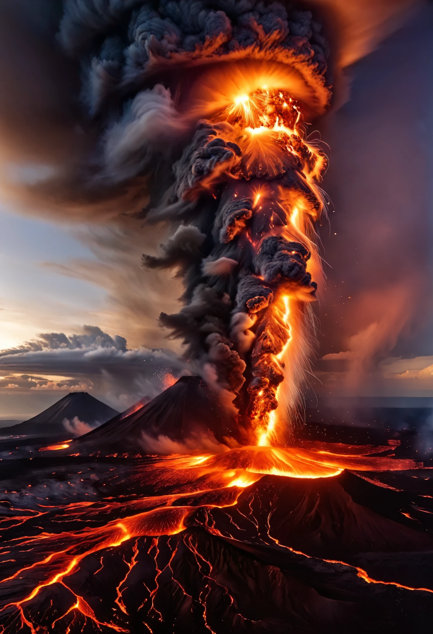 A panoramic view captures the last decade's volcanic eruptions worldwide, showcasing a spectrum of fiery explosions, from gentle lava flows to towering ash clouds.