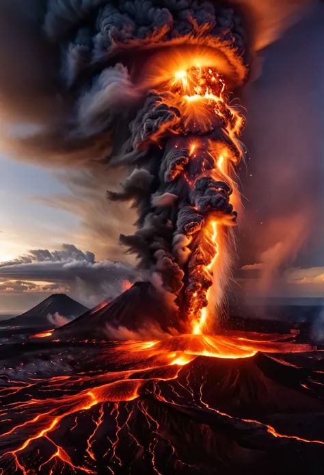 A panoramic view captures the last decade's volcanic eruptions worldwide, showcasing a spectrum of fiery explosions, from gentle...