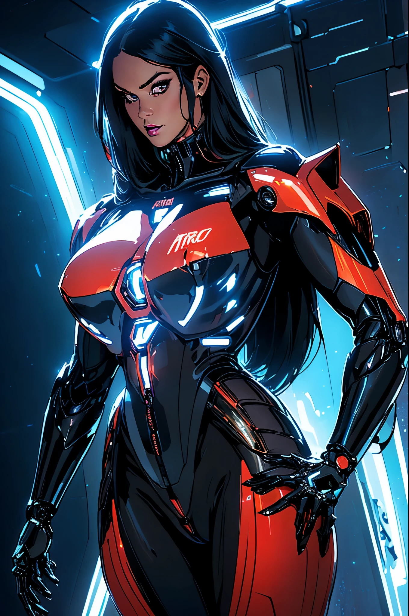 Alison Tyler as a realistic cyborg and intricate face of perfect beauty, sharp galaxy detailed glowing eyes, Detailed face, (((from face to waist))), (((fine beauty shape))), ((in sci-fi plugsuit mechanical metal parts with realistic neon lighting)), (artwork), 4k, ultra HD