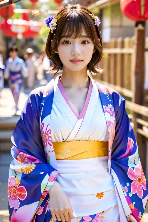 (1 summer kimono with a cute pattern:1.5)、(japanese festivals:1.5)、(full-body photo:1.5)、highest quality, photorealistic, very d...