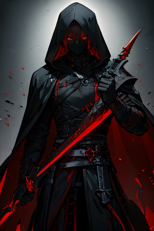 tall male figure, black hood, red eyes, glare from eyes, sword on back, black hoodie, straps on body, black darkness covering face, 