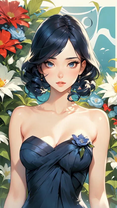a woman in a navy blue dress standing in front of flowers,  beautiful comic art, beautiful alluring anime woman, beautiful anime...