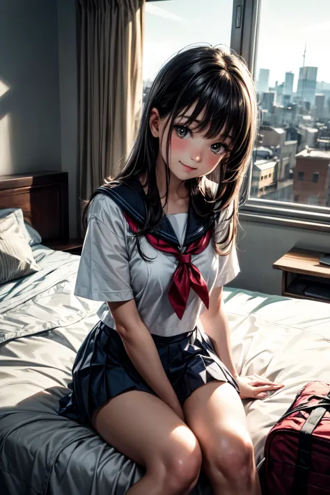 very cute and beautiful girl,(highly detailed beautiful face and eyes),
(smile),blush,embarrassed,looking at viewer,black hair,(sailor school uniform),(pleated navy blue mini skirt),
sitting on bed sheet,school bag,pouch,antique hotel bedroom,window,distan...