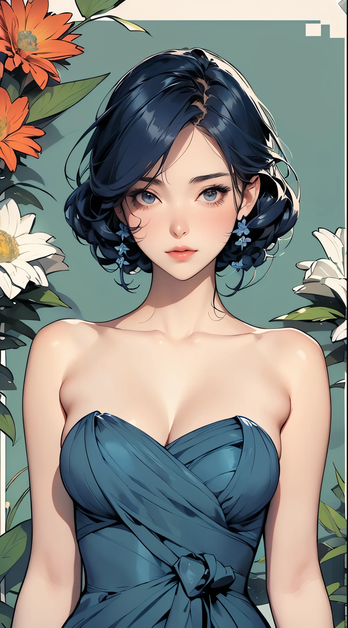 a woman in a navy blue dress standing in front of flowers, beautiful comic art, beautiful alluring anime woman, beautiful anime woman