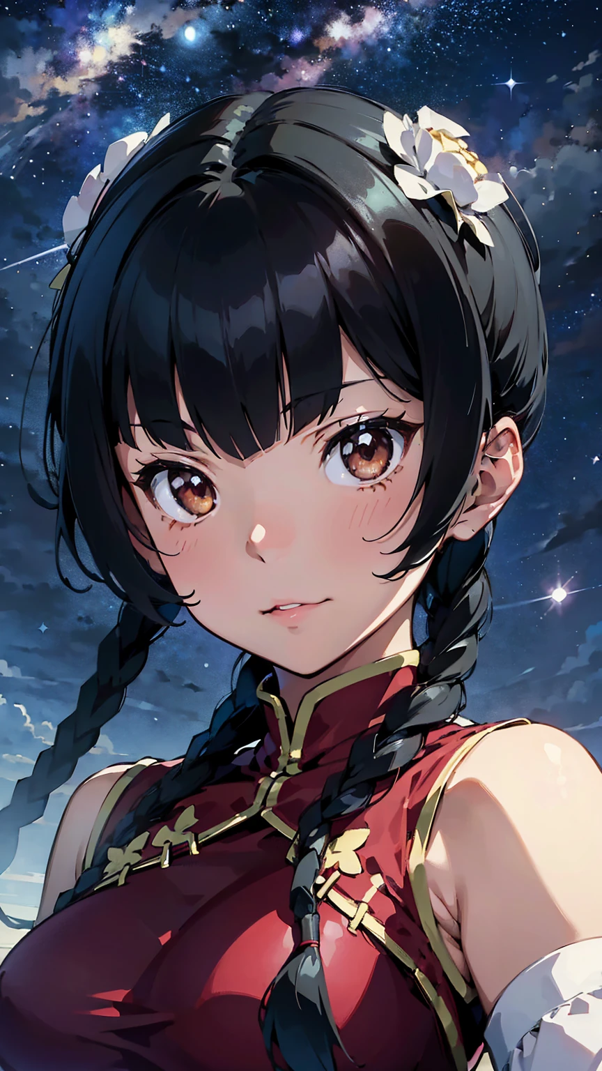 8K quality,(super masterpiece:1.3),highest quality,Detailed Images,1 female,symmetrical beauty,Wang Liumei,(Black Hair,With bangs,Two braids),F cup breasts,Red Chinese Dress,(Fantastic night sky background,Star of the sky,full moon,shooting star),(Face directly towards the camera,Looking directly at the viewer,looking at the camera,The body faces the viewer,The body is facing the direction of the camera,Face looking straight into the camera).