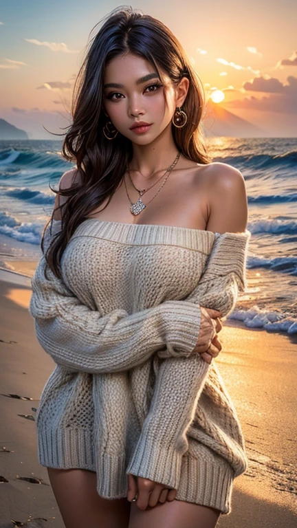  Ein Bild einer indonesischen Frau mit großen Brüsten und langen Haaren am Strand bei Sonnenuntergang, trage einen übergroßen Pullover und eine schöne Halskette, Oberkörper, (beste Qualität, 32k, Meisterwerk, UHD:1.2), 