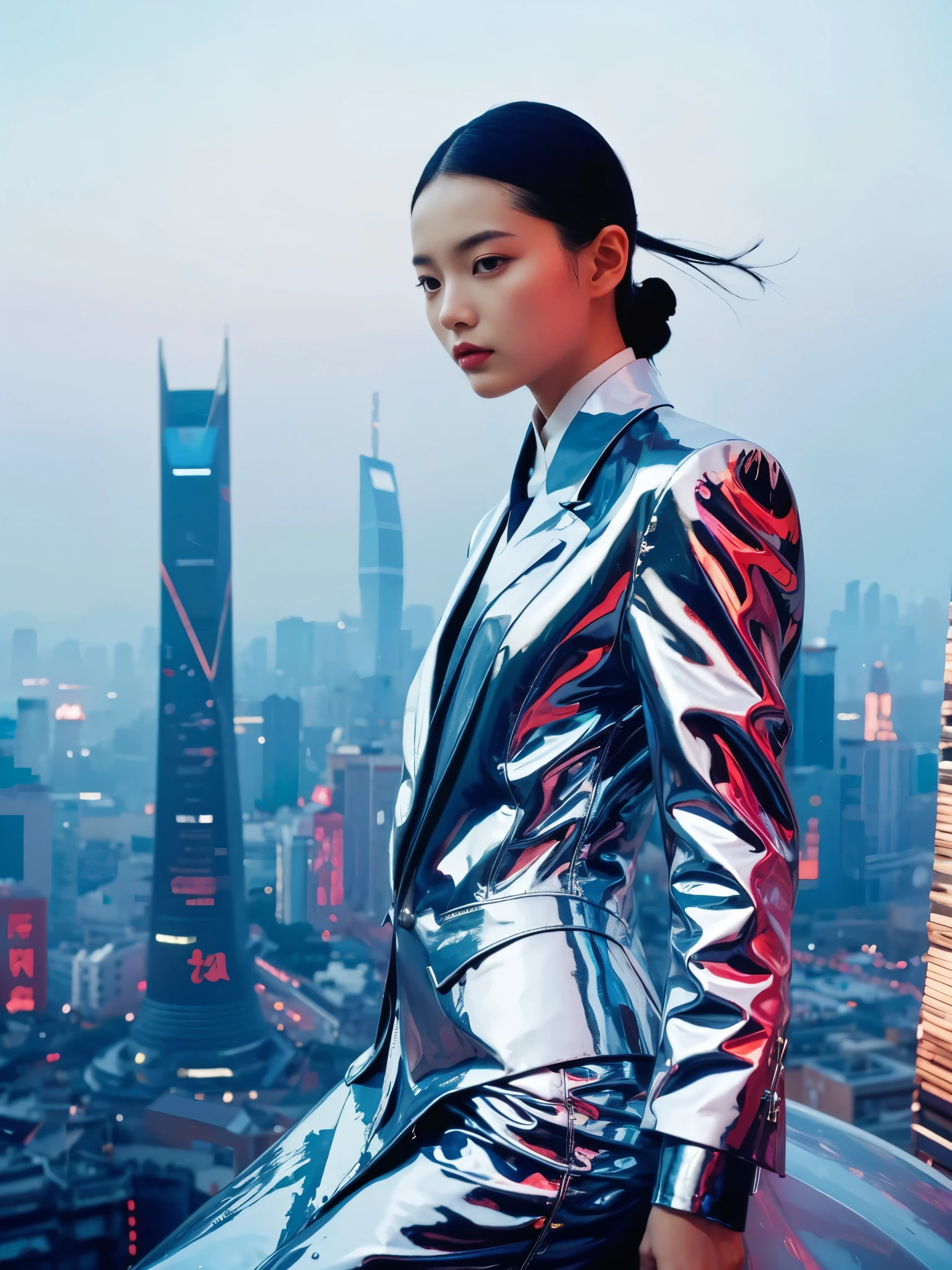 Step into a dreamscape where a high fashion model dons an avant-garde version of the Zhongshan suit by Yohji Yamamoto. This low angle view for V Magazine taken in a futuristic Shanghai skyline, demonstrates the visionary aesthetic of Pierre et Gilles