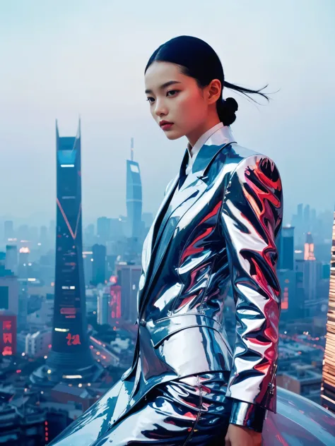 Step into the dream，1girl，Lovely Chinese high fashion model wearing Yohji Yamamoto&#39;s avant-garde version of the Zhongshan su...