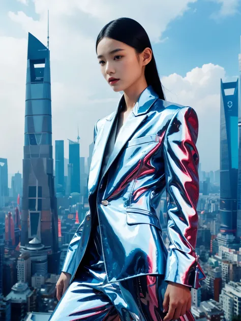 Step into the dream，1girl，Lovely Chinese high fashion model wearing Yohji Yamamoto&#39;s avant-garde version of the Zhongshan su...