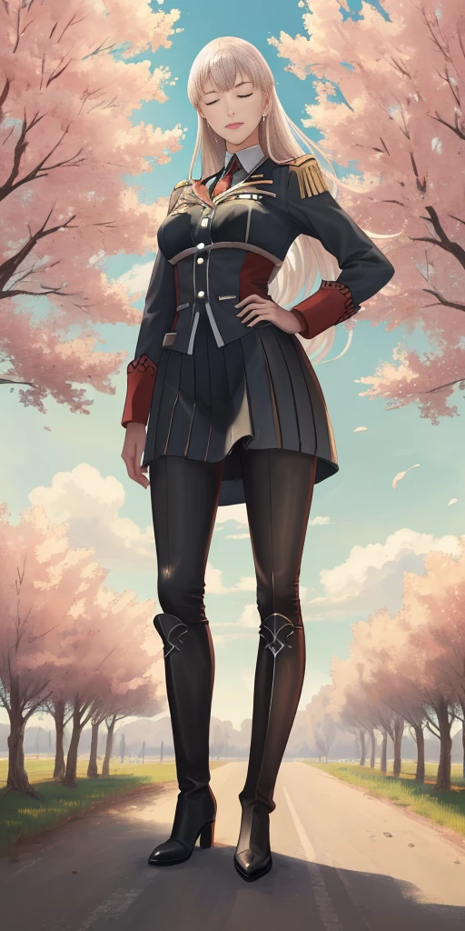 (Selvaria Bles (Valkyria Chronicles) LoRA) Female, standing, straight, 1girl (Full body, view from below, cowboy shot, looking at viewer, masterpiece, best quality, ultra detailed, immaculate:1.2) 30 y.o. woman, red eyes, short BLONDE hair, posing for photo, seductive smile, grey jacket, red necktie, green skirt, Sakura tree, building, (pinched eyes) (closed mouth) (hands on hips)