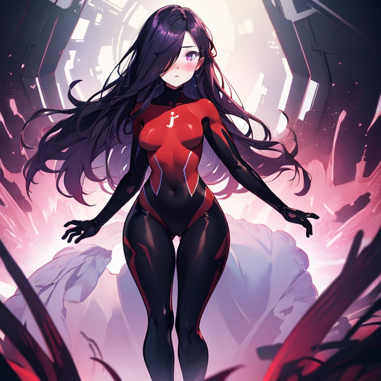 (full body),masterpiece,Describe in great detail、最high quality, (One girl), Alone，Violet Par, Long Hair, Black Hair,  Purple eyes，Hair on one eye,  (Red hero suit)，Red bodysuit，black elbow gloves，Black Thigh Boots，Cowboy Shot,Dynamic Angle，Thick thighs，Spread your legs，View your viewers, Beautiful face，Simple Background，masterpiece, high quality, High resolution, Confused,(Beautiful and aesthetic:1.2), Beautiful hand, (4K), 8k, Perfect balance,(Highly detailed CG Unity 8k wallpaper), Perfect hands, Embarrassing, blush, 