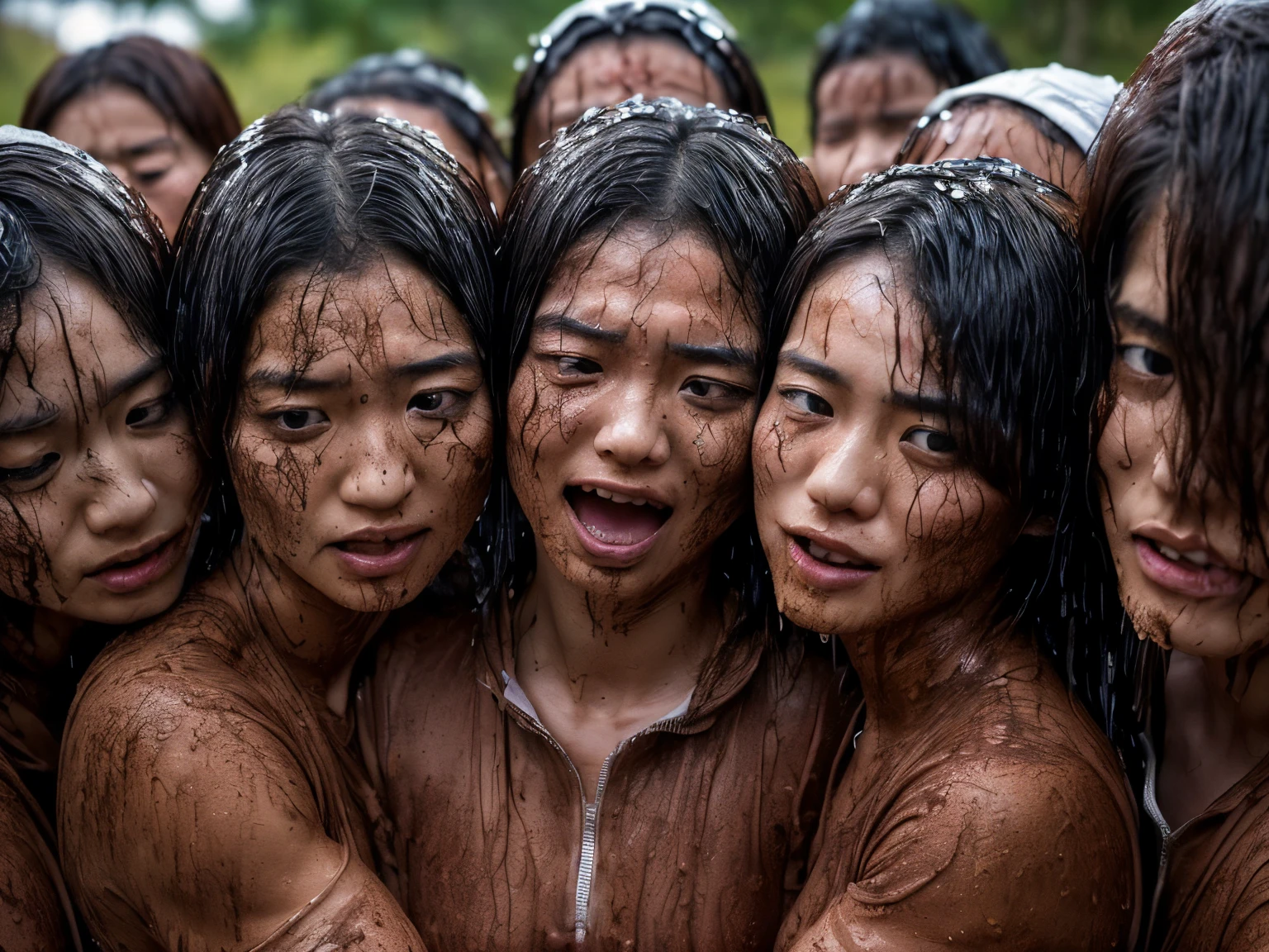 Arafed group of women standing in the rain with wet clothes - SeaArt AI