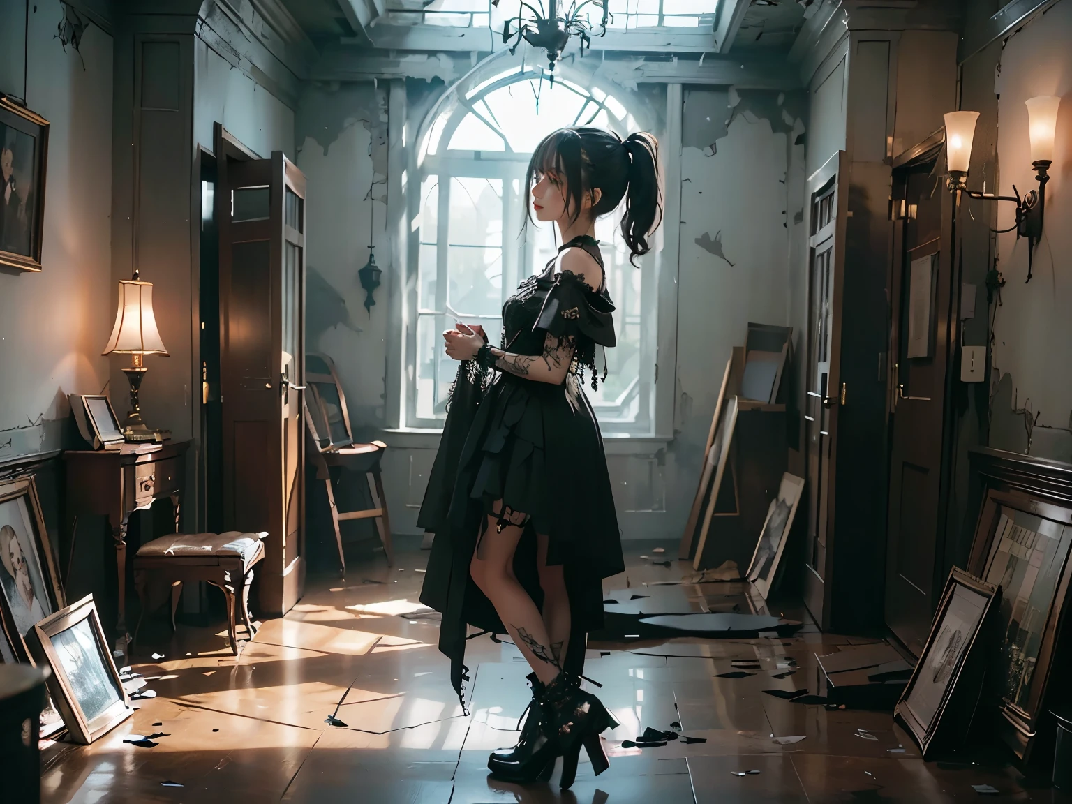 from side, full body, minimum, harmony, aesthetic, Fantasy, elegant, (Dystopia, Broken Mansion:1.4), old chandelier lights up the room, A girl who is amazed and touched by the beauty of her surroundings, 24-years-old, slender, Medium Hair, bangs, (Gothic_Punk:1.2), masterpiece, best quality, RAW Photos, candytt, photorealistic, depth of field, fantastic scene