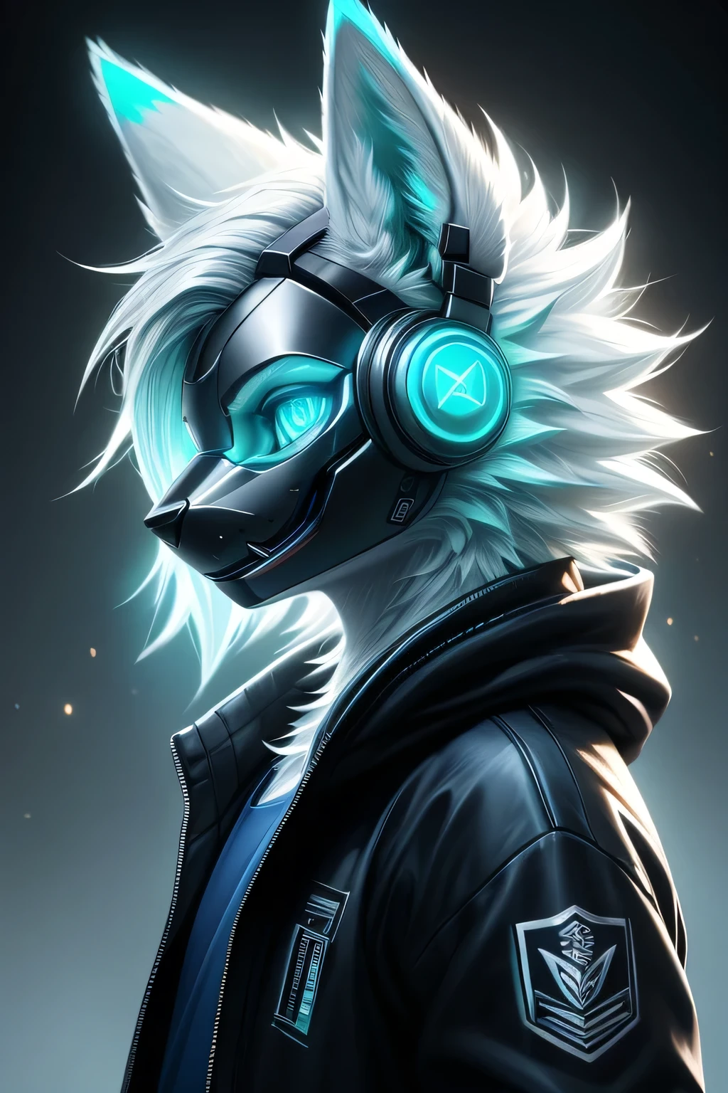 Young werewolf, white fur, wearing a black jacket with neon details, sporting a cybernetic mask, with gamer headphones, profile picture, Close-up on the facehigh quality, digital art, drawing, HD 4k fotorealistisch, ((clear structural details)), Meticulous and realistic, Detailed eyes, (Turquoise blue pupils), ((Silvery-white glowing eyes)), Evil smile, Smile, slenderness, soft, 4K, Excellent quality, high detal, Detailed fur, ((The tail is in the right place) ，Light blue shirt。Two ears，Yellow Hair，whole body，Standing

