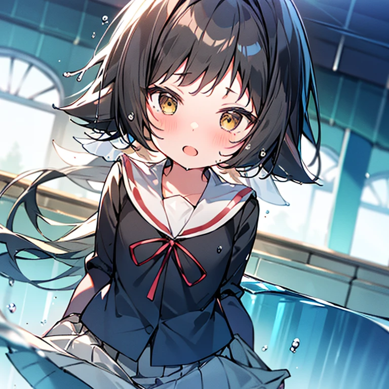 1 girl、mashiromitsumine, mashiro mitsumine, (Brown eyes:1.5), Brown Hair, ponytail, (Flat Chest:1.2), break grey skirt, (Moe sleeves)、Long sleeve, neck ribbon, (red ribbon), ribbon, Sailor collar, skirt, white Sailor collar, (Blue Shirt:1.5), break looking at viewer, whole body, The lower body is transparent、break indoors, School swimming pool, (Lots of water)、Wet、(((Pulling on the skirt)))、((The skirt spreads over the water surface.))、waterlogged、In the water、(((Transparent pool)))、swim、Water Play、break (masterpiece:1.2), highest quality, High resolution, unity 8k wallpaper, (shape:0.8), Highly detailed face, Perfect lighting, Extremely detailed CG、White underwear、(full skirt)、(Long wide skirt)、cute、blush、Watery eye