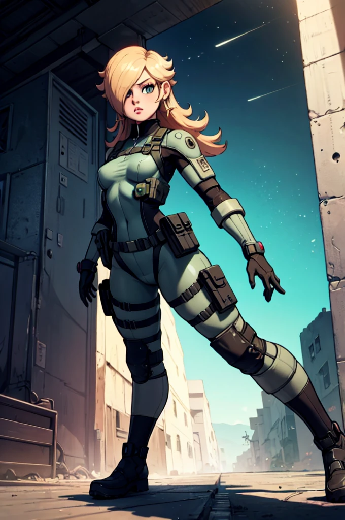 rosalina reimagined as a female solide snake frome metal gear solid, full body, action pose, on infiltration scene, tactical gear, military base background, radio tower background, science fiction background, futuristque background ,