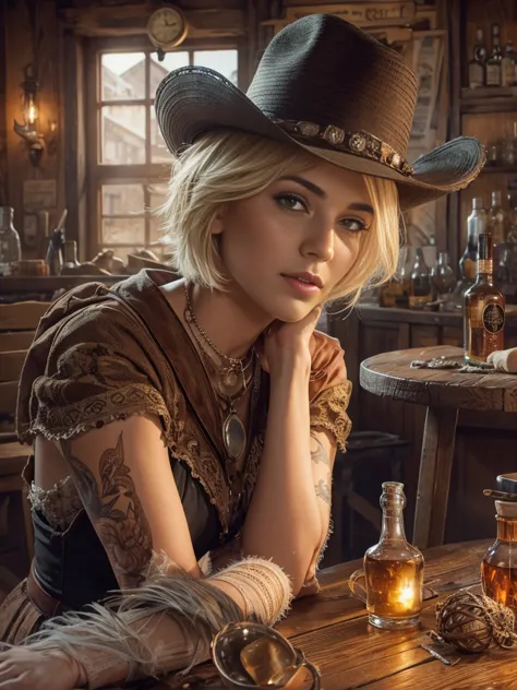 short-haired female cowboy in a western saloon,blonde,sitting,smoking pipes,table wisky,piano,6-shot revolver,barrel,table,trump...