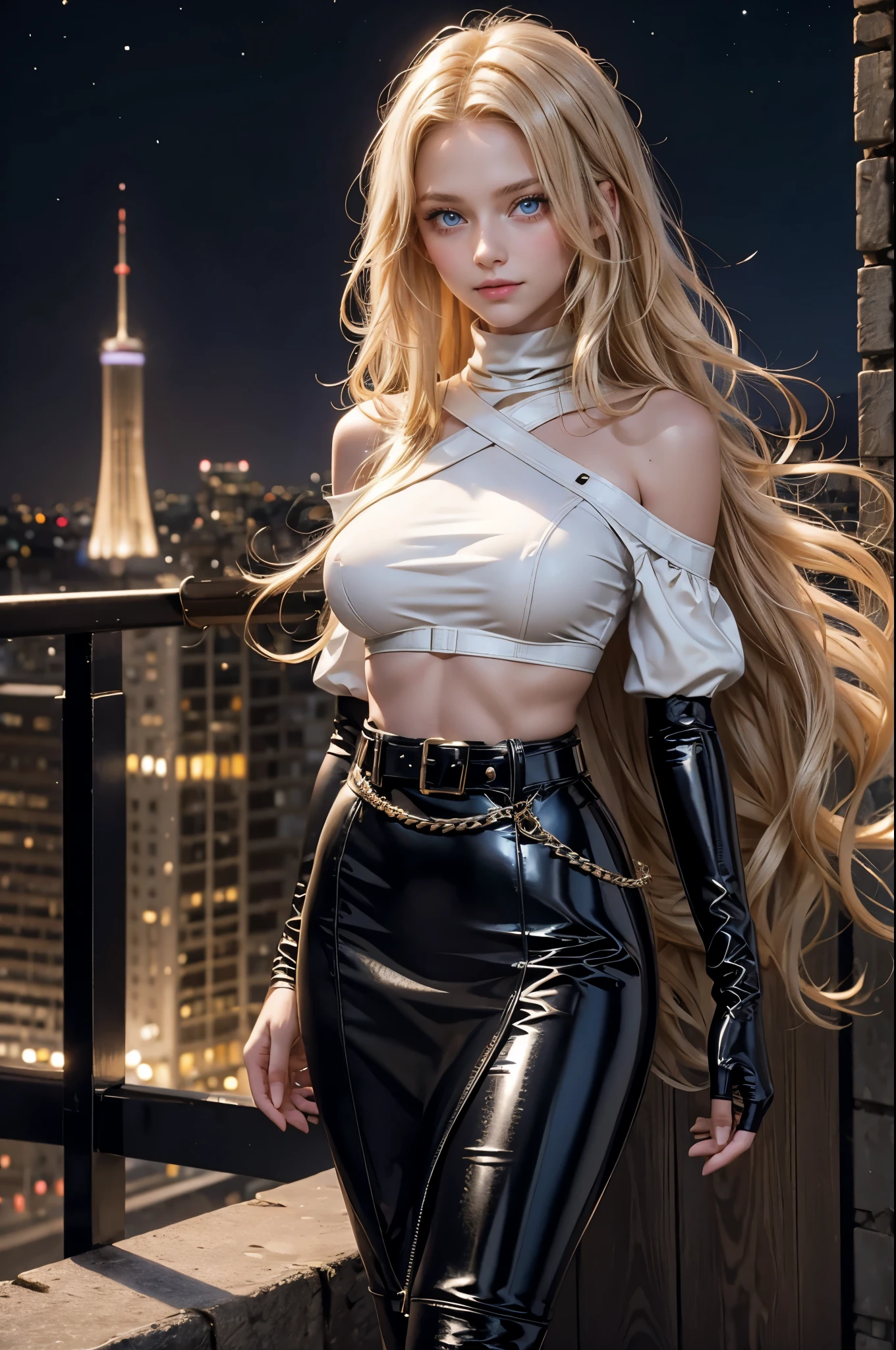 A girl with long wavy blonde hair , ((one girl)), (blonde) , blue eyes , light smile, gorgeous face , 18 years old , (slim figure , large breast) , chain belt, high waist latex pencil skirt, latex arm-sleeves, ((waist belts)), ((hip belts)), white silk scarf, white smooth silk off-shoulder blouse, slender, city at night , Neon lights , surrealism