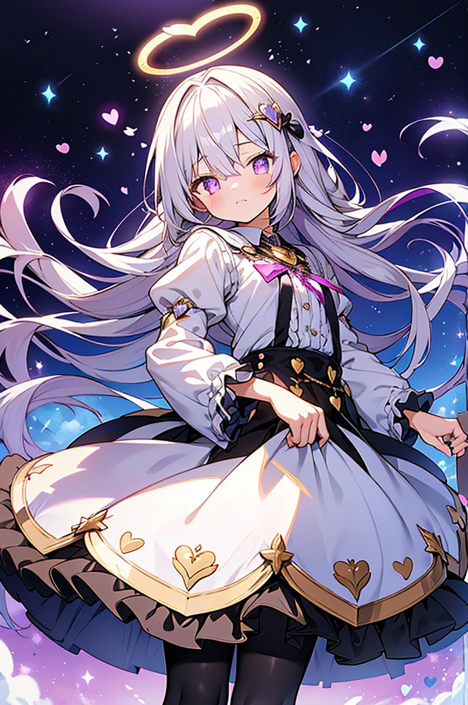 beau style animé,shota ultra hyper mignon,((Halo,glowing heart-shaped Halo)),béret magique avec ruban,robe noire fille magique à froufrous,cheveux longs violet argenté,yeux dorés,hyper bel effet,jupe à bretelles,collants noirs,corps de garçon et visage de fille,jeune shota magique,par le bas,