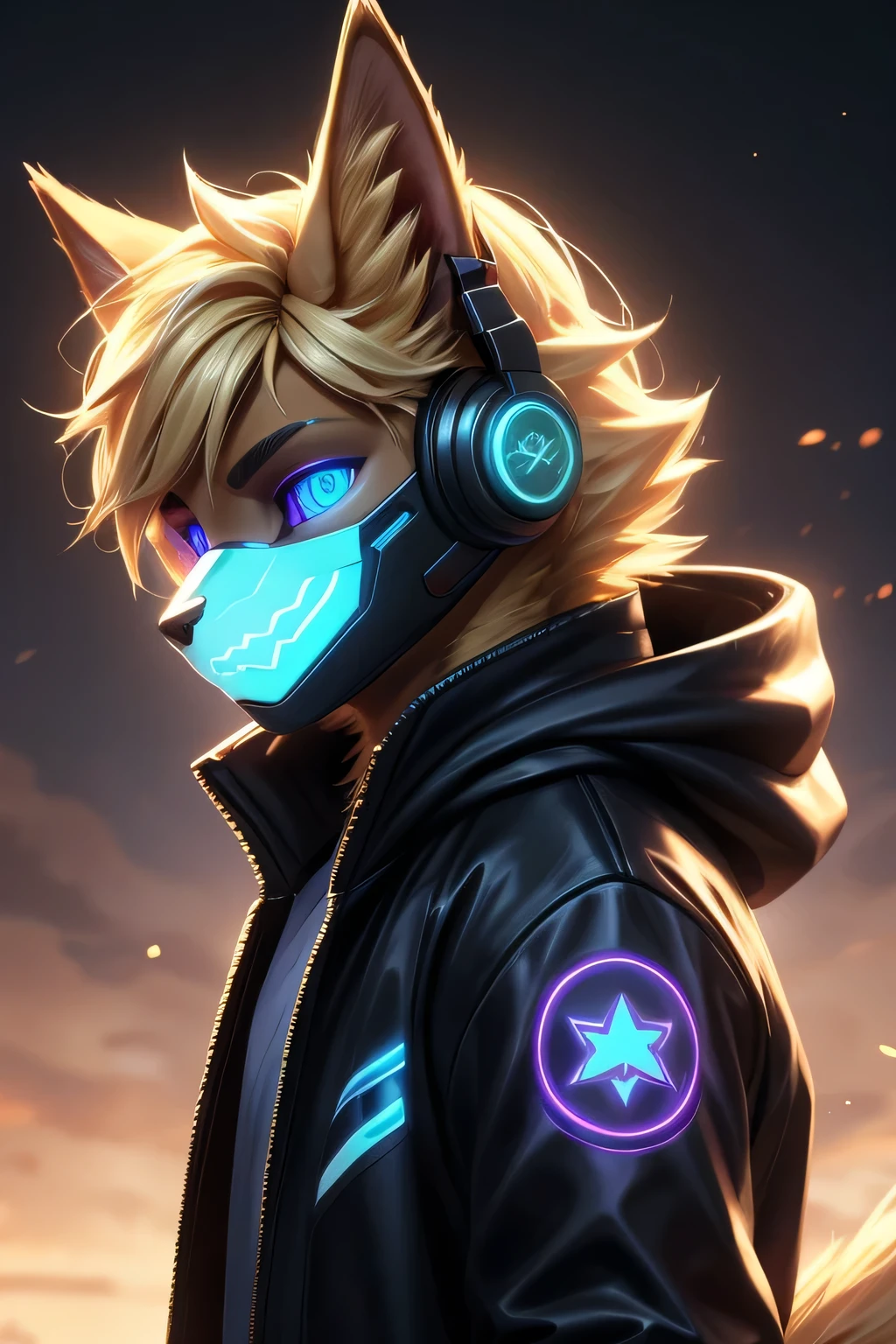 Young werewolf, gold fur, wearing a black jacket with neon details, sporting a cybernetic mask, with gamer headphones, profile picture, Close-up on the facehigh quality, digital art, drawing, HD 4k fotorealistisch, ((clear structural details)), Meticulous and realistic (Turquoise blue pupils), ((purple glowing eyes)), Evil smile, Smile, slenderness, soft, 4K, Excellent quality, high detal, Detailed fur, ((The tail is in the right place) ，Light blue shirt。Two ears，Blonde hair，whole body，Standing，Look kind

