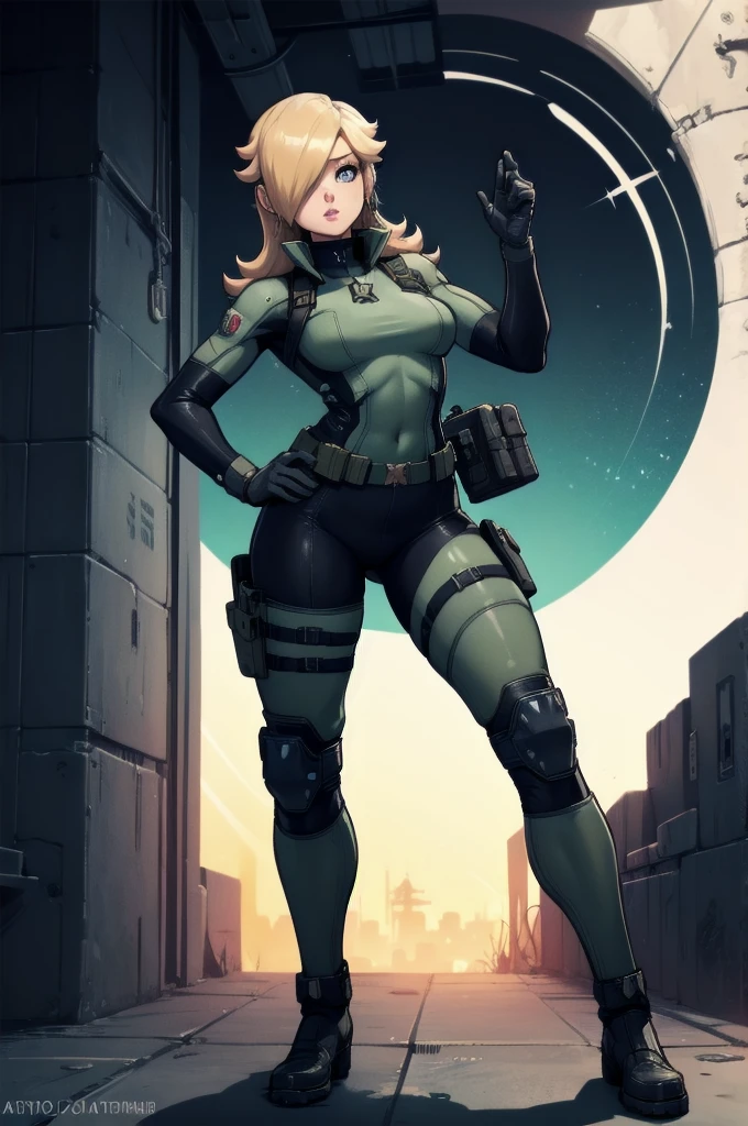 rosalina reimagined as a female solide snake frome metal gear solid, full body, action pose, on infiltration scene, tactical gear, military base background, radio tower background, science fiction background, futuristque background ,