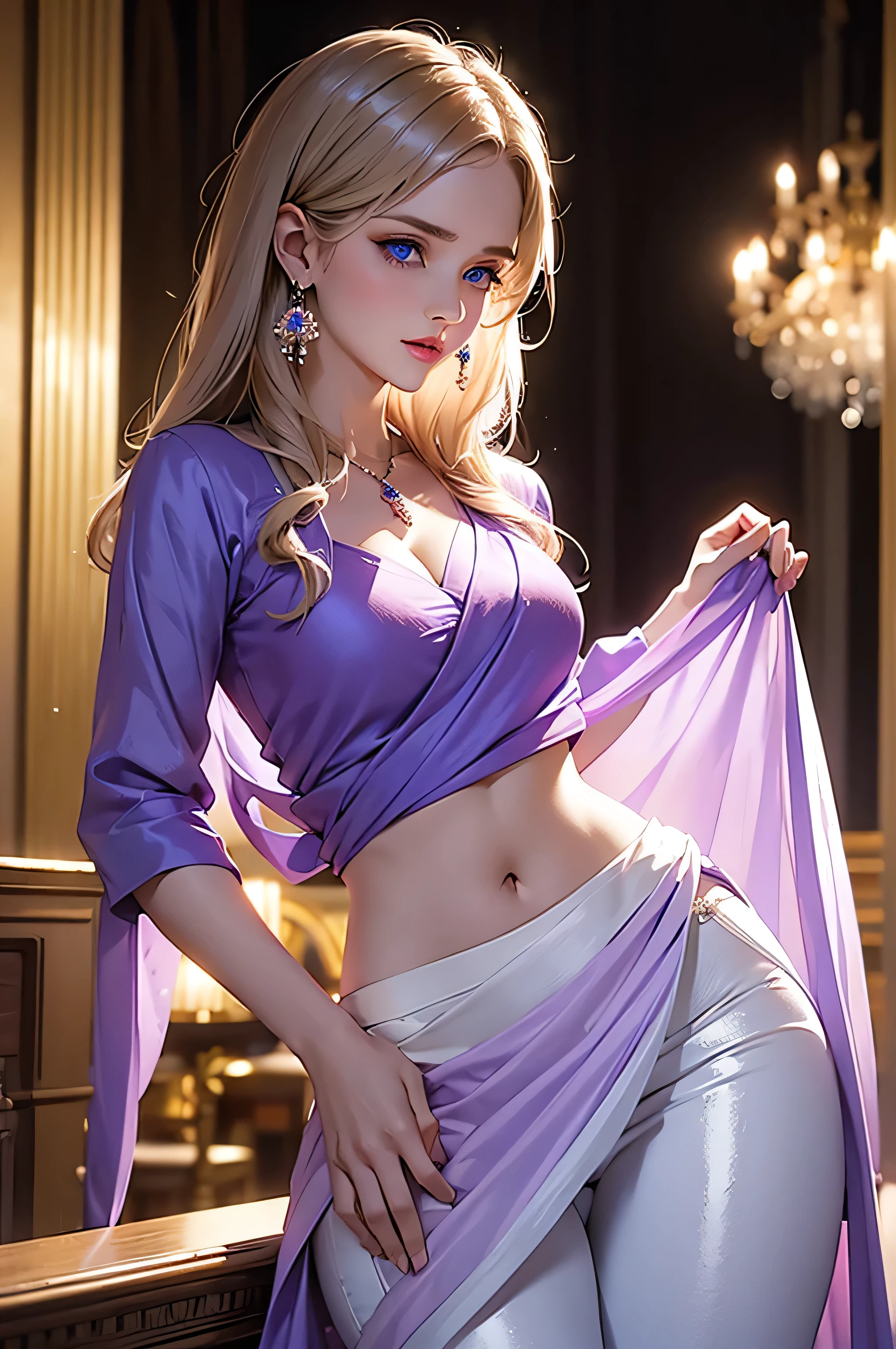 russian beautiful girl in purple and white sari, pequeña línea de escote, pecho mediano, hermosos ojos azules, jeggings negros, hinchado, sari, blusa
