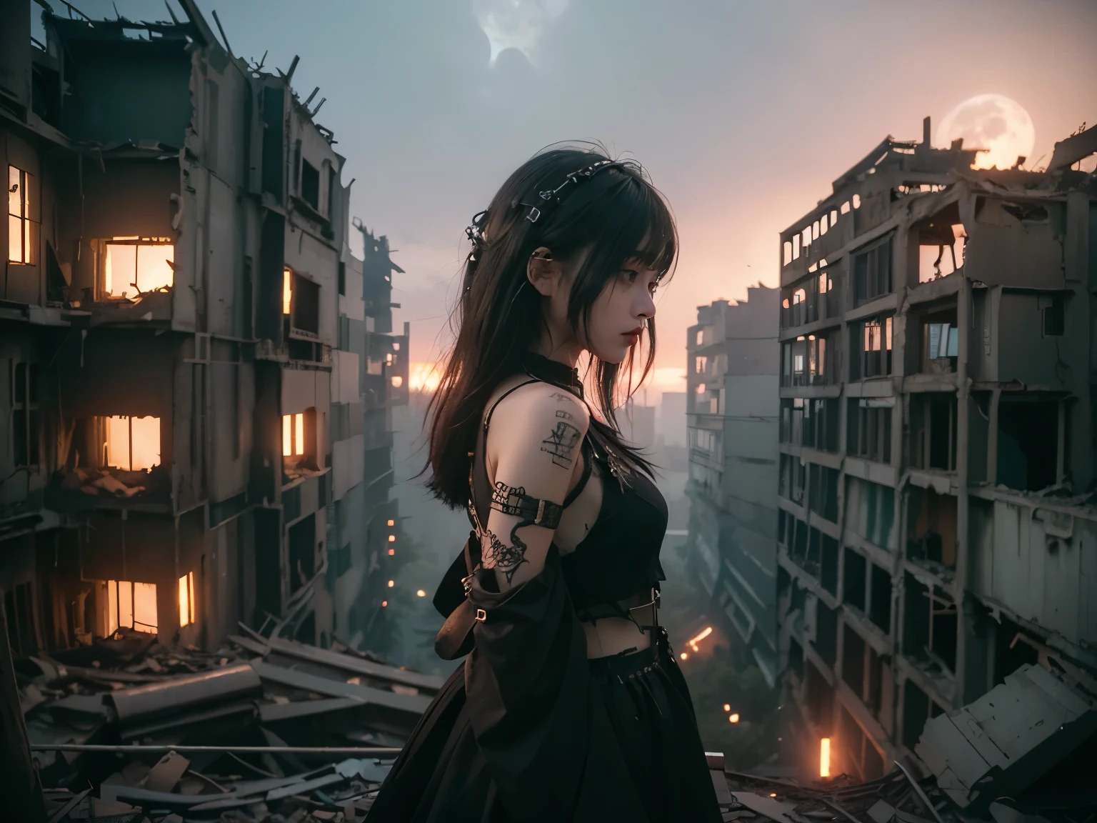 minimum, harmony, aesthetic, fantastic scene, night, (Dystopia, ruins:1.4), Broken Building, Abandoned Garden, The moonlight mysteriously illuminates the girl , Expecting Girl, 24-years-old, slender, Medium Hair, bangs, (Gothic_Punk:1.2), masterpiece, best quality, RAW Photos, photorealistic, depth of field, candytt