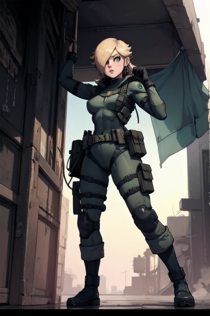 rosalina reimagined as a female solide snake frome metal gear solid, full body, action pose, on infiltration scene, tactical gear, military base background, radio tower background, science fiction background, futuristque background ,