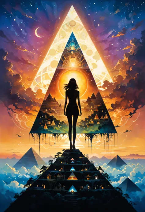 Mysterious Landscape Photography，Cartoon oil painting style，Mysterious silhouette woman，（Light shining on a pyramid prism，The Da...