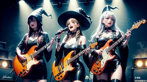 A three-woman metal band dressed in witch costumes、Arrived in Japan and held a mass at a live venue、Neck slashing pose、The inten...